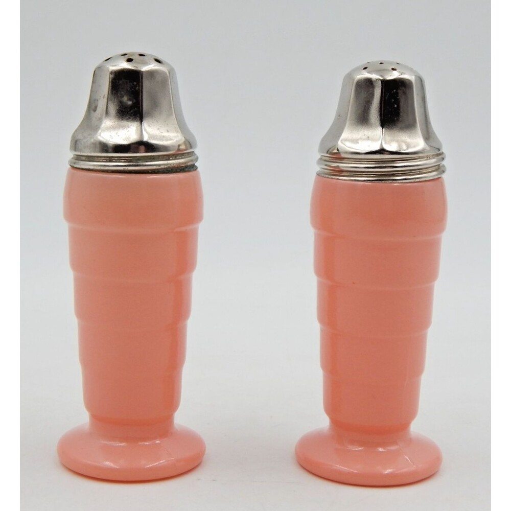 Hazel Atlas Glass Platonite Panel Moderntone Pink Salt Pepper Shakers 1930s